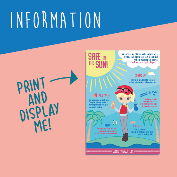 Educational poster describing how to stay safe in the sun while doing watersports.