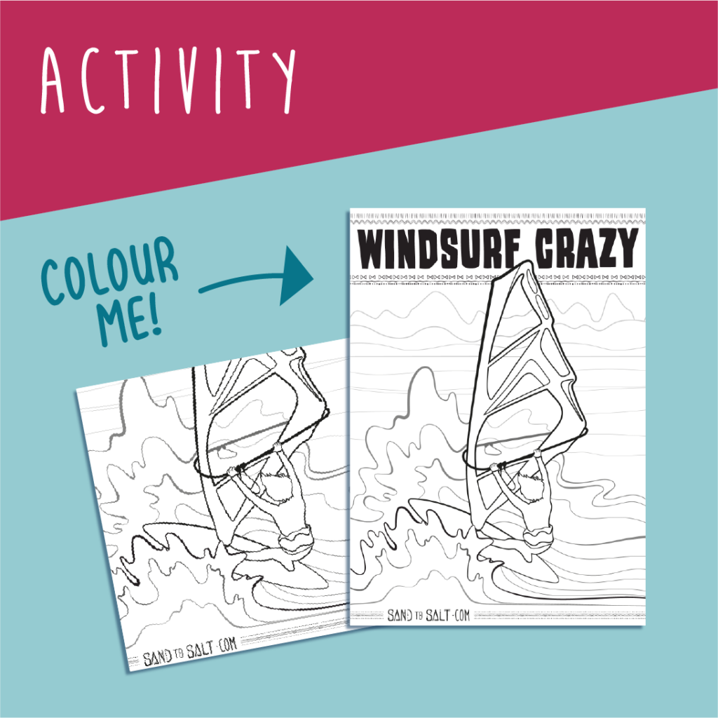 Children's colouring activity of a windsurfer