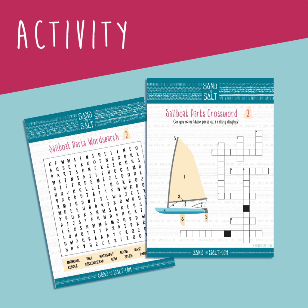 Crossword and wordsearch activity helping children learn the sailboat parts.