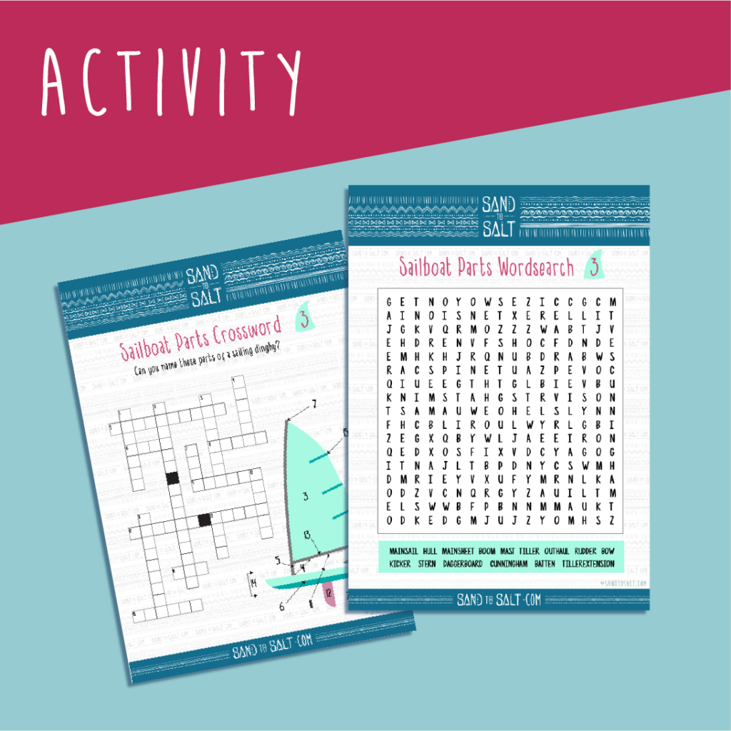 Crossword and wordsearch activity helping children learn the parts of a sailboat