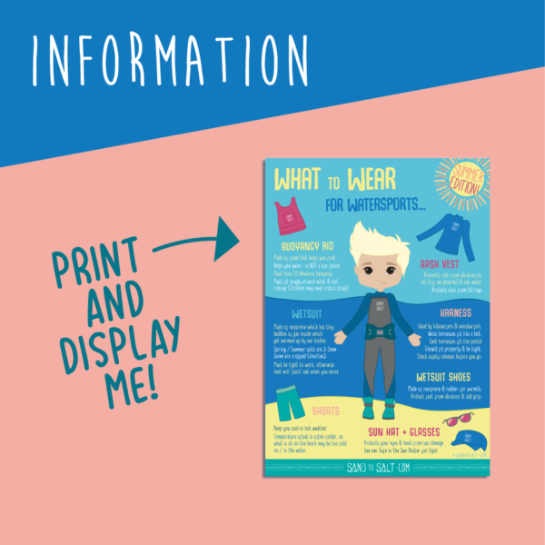 Our Watersports Clothing Poster (Summer edition) explains what the main items of gear are and why we wear them for sports on the water.