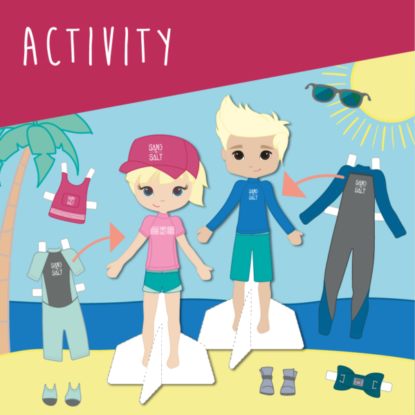 Learn about recommended clothing for watersports with these dress up figures / dolls