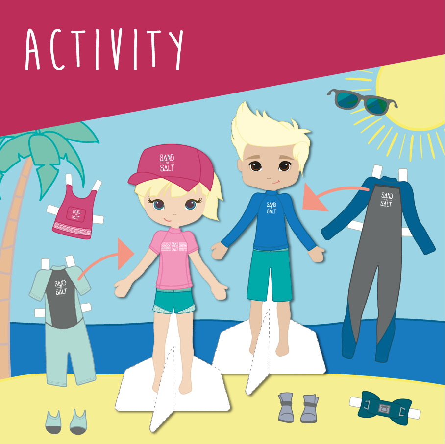 Learn about recommended clothing for watersports with these dress up figures / dolls