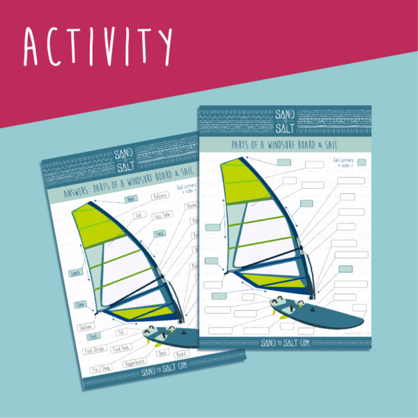 Printable activity to help learn parts of a windsurf board and rig / sail.